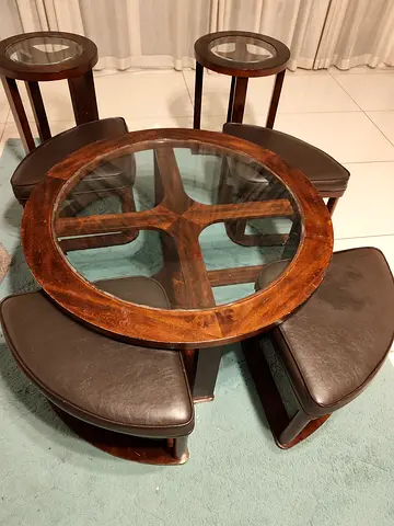 Round Glass Top Coffee Table with 4 Curved Stools - Dark Wood