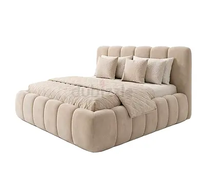Modern Upholstered King Bed with Padded Headboard (Beige)