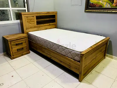 Solid Wood Single Bed Frame with Headboard and Matching Nightstand - Natural Finish