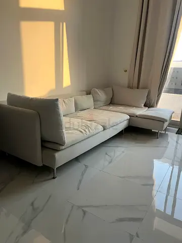 Light grey 3-seater fabric sofa with chaise, good condition, very soft and comfortable
