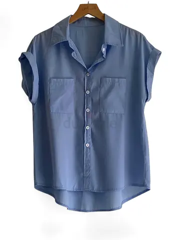 Light Blue Short Sleeve Button-Up Shirt, Women’s Casual Top
