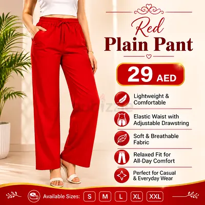 Red Plain Elastic Waist Casual Pants