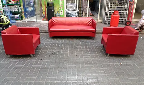 Red Leather 3-Seater Sofa with 2 Matching Armchairs - Good Condition