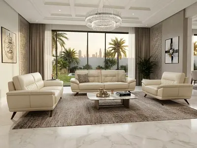 Cream leather 6 seater sofa set with modern design