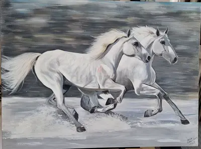 Original Oil Painting of Two White Horses Running