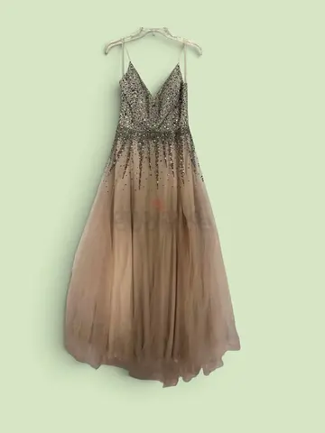 Beige embellished tulle evening/prom dress, size small with slit on the thigh