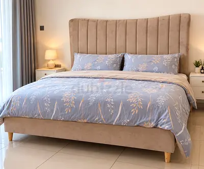 King upholstered bed frame with tall tufted headboard + matress- light beige