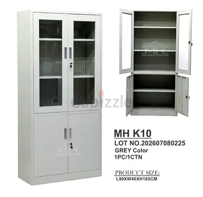 Grey Metal Storage Cabinet with Glass Upper Doors - 90x40x185cm