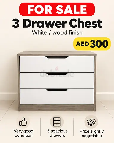 3-Drawer Chest / Dresser - White & Wood Finish, Very Good Condition