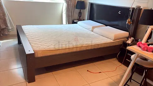 King size wooden bed frame with mattress and headboard - very good condition