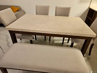 6-Seater Dining Table with Marble Top and Fabric Chairs (Includes Bench)