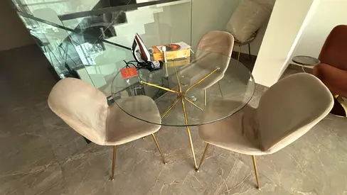 Glass Round Dining Table with 4 Velvet Chairs - Modern Set