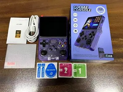 Handheld Retro Game Console R36S with Accessories - Purple Transparent