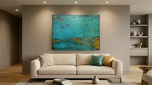 Original hand-painted 2021 Abstract Turquoise and Gold Painting - 115 x 85 cm (signed)