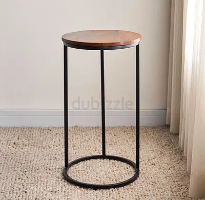 Round Side Table with Wooden Top and Black Metal Frame