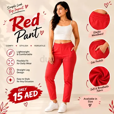 Casual Red Women's Pants with Elastic Waist and Side Pockets