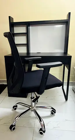 Black study desk with hutch and ergonomic swivel office chair - good condition