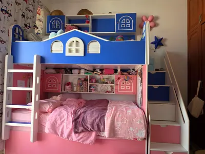 Kids Bunk Bed with Storage Stairs — Pink & Blue, Good Condition