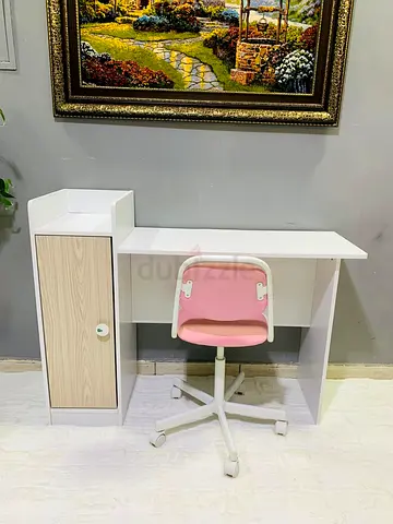 White Study Desk with Storage Cabinet and Pink Swivel Chair - Good Condition