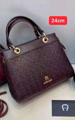 Aigner embossed leather top-handle handbag - 24cm, dark brown all over UAE cash on delivery
