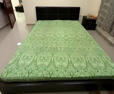 Queen size bed frame with mattress - dark wood, good condition