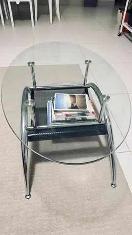 Glass Top Coffee Table with Metal Frame and Lower Shelf