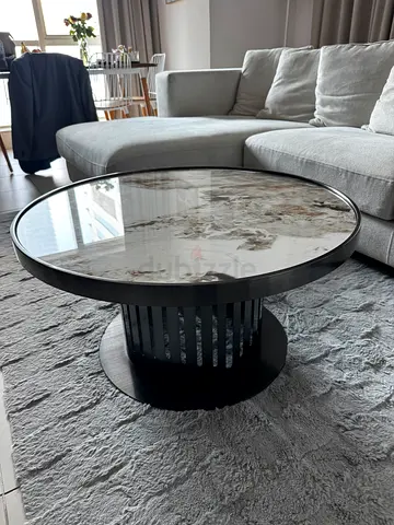 Round Black Metal and Glass Coffee Table — Good Condition