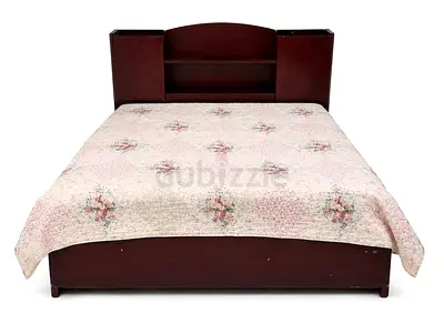 Double wooden bed with built-in headboard shelves - dark wood and four underneath storages