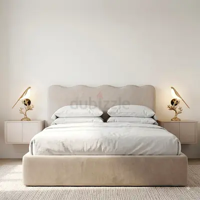 Beige Upholstered Double Bed with Padded Headboard - Modern Design