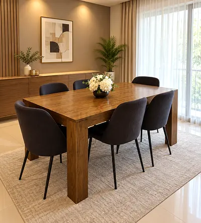 Solid Wood 6-Seater Dining Table with Chairs - Good Condition