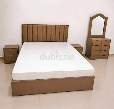 Queen size upholstered bed frame with mattress, 2 nightstands and dresser set