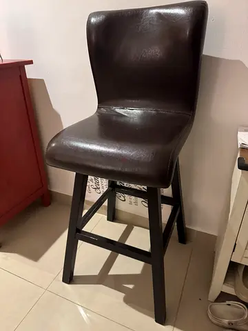 2 Dark brown leather bar stool with backrest - sturdy wooden frame and rotating seat