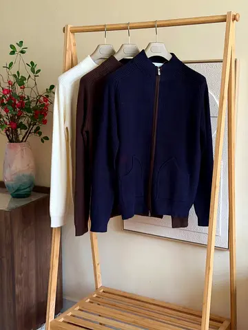 Set of 3 Zip-Up Knit Cardigans - Navy, Brown, Cream, Size Not Specified