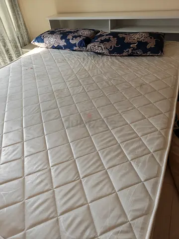 Queen mattress and cot with headboard shelf — used, clean condition