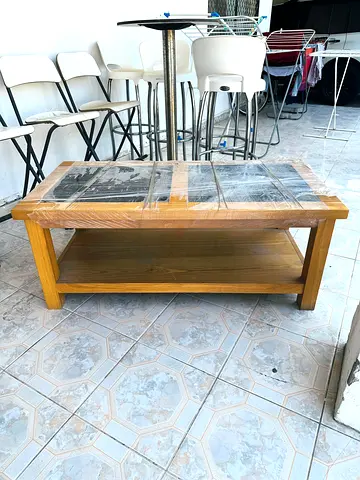 Solid Wood Coffee Table with Tiled Top and Lower Shelf - Good Condition