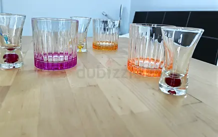 Set of 6 Colored Glass Tumblers and Shot Glasses - Lightly Used