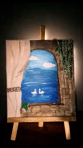 Hand-painted Seascape Window Canvas on Easel — Original Acrylic Artwork reflecting Greek in greek
