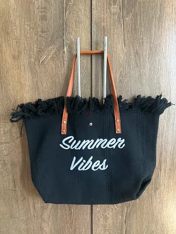 Black 'Summer Vibes' Fringe Beach Tote Bag