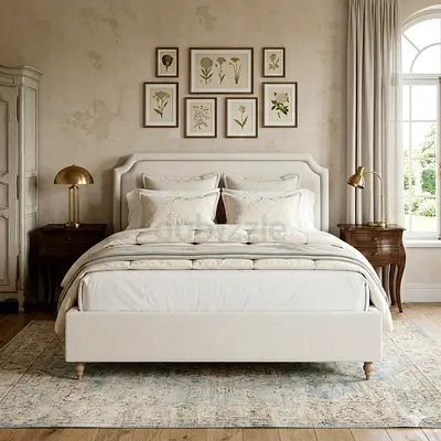 Beige upholstered double bed frame with headboard - modern classic