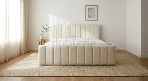 Comfortable Upholstered Bed – Thick Cushioned Headboard – Soft Beige Fabric