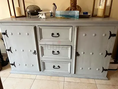 Solid Wooden Sideboard / Buffet Cabinet - Grey Painted, 2 Doors + 3 Drawers