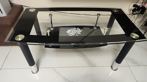 Black Glass Coffee Table with Floral Etching and Metal Legs