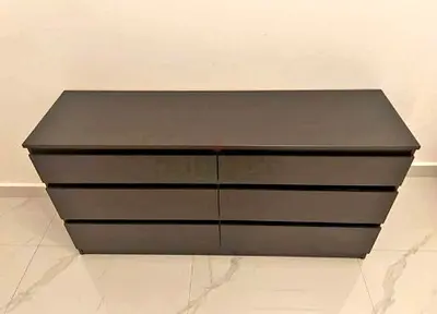 Modern 6-Drawer Low Dresser / TV Console - Dark Grey