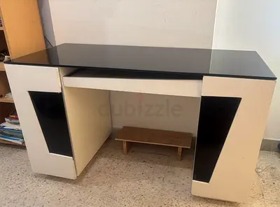 Black Glass-Top Office Desk / Table with Storage Cabinets