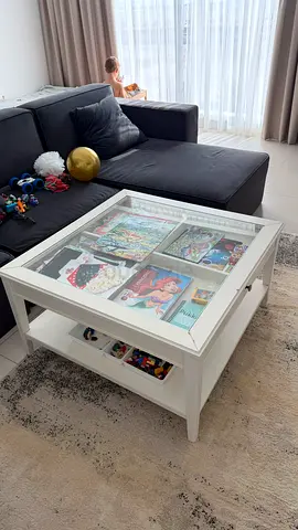 White Display Coffee Table with Glass Top and Storage - Good Condition