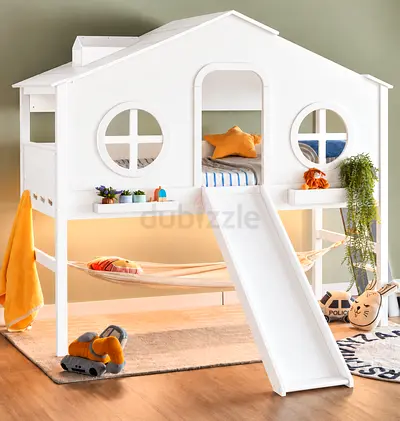 Loft Playhouse Kids Bed with Slide - White Wooden House Style