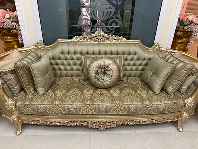 Ornate Gold Upholstered Sofa set with Carved Wood Frame ( 8 pcs total with tables) vintage.