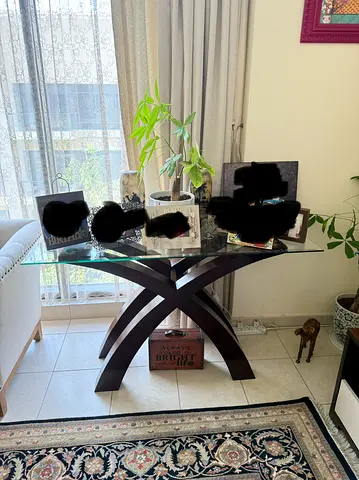 Glass Top Console Table with Dark Wooden X-Base - Good Condition