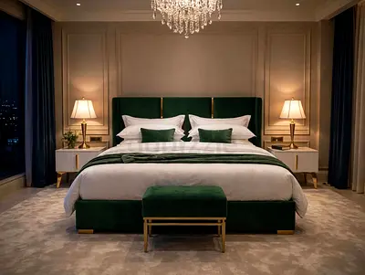 Luxury Green Velvet King Bed with Upholstered Headboard and Bench