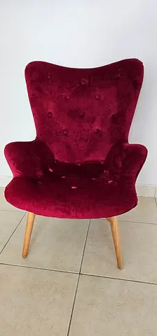 Burgundy Velvet Accent Arm Chair with Wooden Legs